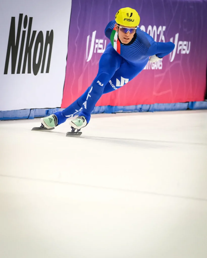 Alessandro Loreggia (ITA) at the head of the group during the Short Track Speed Skating, Men’s 1500m Quarterfinals at the FISU Games 2025 World University Games Winter in Turin, Italy.